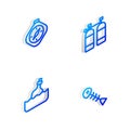 Set Isometric line Aqualung, Compass, Bottle with message in water and Dead fish icon. Vector