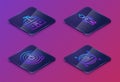 Set Isometric line Astronomical observatory, Solar system, Astronaut and Planet Venus. Blue square button. Vector