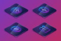 Set Isometric line Bacteria, Shield protecting from virus, Secure shield with lightning and Astronomical observatory