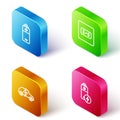 Set Isometric line Battery, Electrical outlet, car and icon. Vector