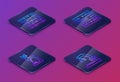 Set Isometric line Binary code, Microscope, Server, Data, Web Hosting and Robotic robot arm hand factory. Blue square Royalty Free Stock Photo