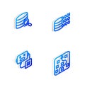 Set Isometric line Binary code, Server, Artificial intelligence robot and Neural network icon. Vector