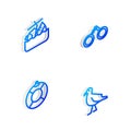 Set Isometric line Binoculars, Sinking cruise ship, Lifebuoy and Bird seagull icon. Vector