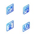 Set Isometric line Books about programming, Software, Create account screen and Programming language syntax icon. Vector Royalty Free Stock Photo