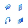 Set Isometric line Bottles of wine, Electric car, Headphones and Music book with note icon. Vector