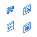 Set Isometric line Browser files, Computer monitor screen, Software and Binary code icon. Vector Royalty Free Stock Photo