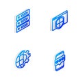 Set Isometric line Browser with shield, Server, Data, Web Hosting, Globe of the Earth and gear and Mobile password icon