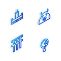 Set Isometric line Bull, Montjuic castle, Aqueduct of Segovia and Omelette in frying pan icon. Vector