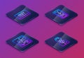 Set Isometric line Buy button, Trading courses, Mobile with dollar and Trader. Blue square button. Vector