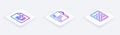 Set Isometric line Calculator, Open book and Triangle math. White square button. Vector