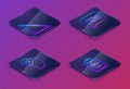 Set Isometric line Calendar, Test or exam sheet, Tablet with calculator and Mathematics function sine. Blue square