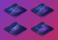 Set Isometric line Case of computer, RAM, random access memory, Hard disk drive HDD and Router wi-fi signal. Blue square Royalty Free Stock Photo