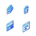 Set Isometric line Coffee cup to go, Processor, Debugging and Page with a 404 error icon. Vector Royalty Free Stock Photo