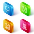 Set Isometric line Computer monitor screen, Software, Cloud technology data transfer and Hacker coder icon. Vector Royalty Free Stock Photo