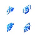 Set Isometric line Corona virus on location, Virus cells in lung, Pills blister pack and Stay home icon. Vector