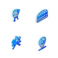 Set Isometric line Crossed fork and knife, Hotdog sandwich, Barbecue steel grid and grilled shish kebab icon. Vector