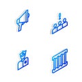 Set Isometric line Crowd protest, Megaphone, Police officer and Prison window icon. Vector