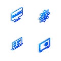 Set Isometric line Dollar, share, network, Bank building, Laptop with dollar and Safe icon. Vector