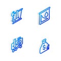 Set Isometric line Drop in crude oil price, , and Money bag icon. Vector