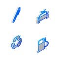 Set Isometric line Eco car concept drive, Pen, Recycle symbol and Petrol or Gas station icon. Vector