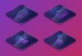 Set Isometric line Electric car, Robot, User manual and Rocket ship with fire. Blue square button. Vector