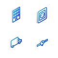 Set Isometric line Electrical outlet, House, Delivery cargo truck and Wrist watch icon. Vector
