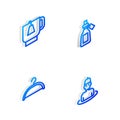 Set Isometric line Essential oil bottle, Cup of tea with tea bag, Hanger wardrobe and Man in the sauna icon. Vector