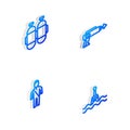 Set Isometric line Fishing harpoon, Aqualung, Wetsuit for scuba diving and Floating buoy icon. Vector Royalty Free Stock Photo