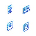 Set Isometric line Foreign language online study, New chat messages notification, Notebook and Translator icon. Vector