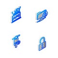 Set Isometric line FTP folder and lock, Computer api interface, Electric scooter and Open padlock icon. Vector Royalty Free Stock Photo