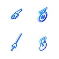 Set Isometric line Gong, Whistle, Fencing and Kettlebell icon. Vector