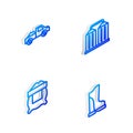 Set Isometric line Granary, Pickup truck, Bag of flour and Waterproof rubber boot icon. Vector