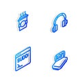 Set Isometric line Headphones, Coffee cup to go, Code terminal and Processor icon. Vector Royalty Free Stock Photo