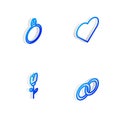 Set Isometric line Heart, Diamond engagement ring, Flower rose and Wedding rings icon. Vector Royalty Free Stock Photo