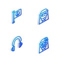 Set Isometric line Hippie girl, Flag peace, Headphones and icon. Vector