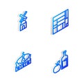 Set Isometric line House Edificio Mirador, Windmill, Crown of spain and Apple cider bottle icon. Vector Royalty Free Stock Photo