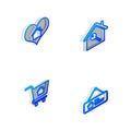 Set Isometric line House with key, heart shape, Shopping cart house and Hanging sign For Rent icon. Vector