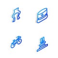 Set Isometric line Kepi, Frog legs, Bicycle and Fountain icon. Vector Royalty Free Stock Photo