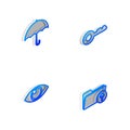 Set Isometric line Key, Umbrella, Eye and Download arrow with folder icon. Vector Royalty Free Stock Photo