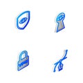 Set Isometric line Keyhole with eye, Shield and, Lock VPN and Bezier curve icon. Vector