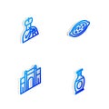 Set Isometric line Kheer in a bowl, Indian man plays flute, Gate Delhi and vase icon. Vector