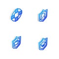 Set Isometric line Life insurance with shield, Lifebuoy, Piggy bank and Graduation cap icon. Vector