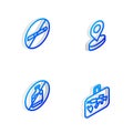 Set Isometric line Location, No Smoking, alcohol and Suitcase icon. Vector