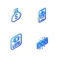 Set Isometric line Lucky wheel on phone, Money bag, Lottery ticket and Slot machine with jackpot icon. Vector