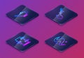 Set Isometric line Magic lamp or Aladdin, Trunk for magic tricks, Spell and fog smoke. Blue square button. Vector