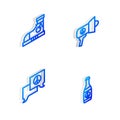 Set Isometric line Megaphone, Sneakers, Speech bubble chat and Beer bottle icon. Vector