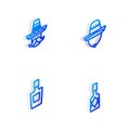 Set Isometric line Mexican sombrero, man, Tequila bottle and Tabasco sauce icon. Vector