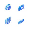 Set Isometric line Micro Sim Card, 5G network, Monitor with and modem icon. Vector