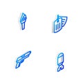 Set Isometric line Military dog tag, Torch flame, Pistol gun and Rocket launcher icon. Vector