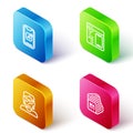 Set Isometric line Mobile Apps, Software, Hacker or coder and Processor icon. Vector Royalty Free Stock Photo